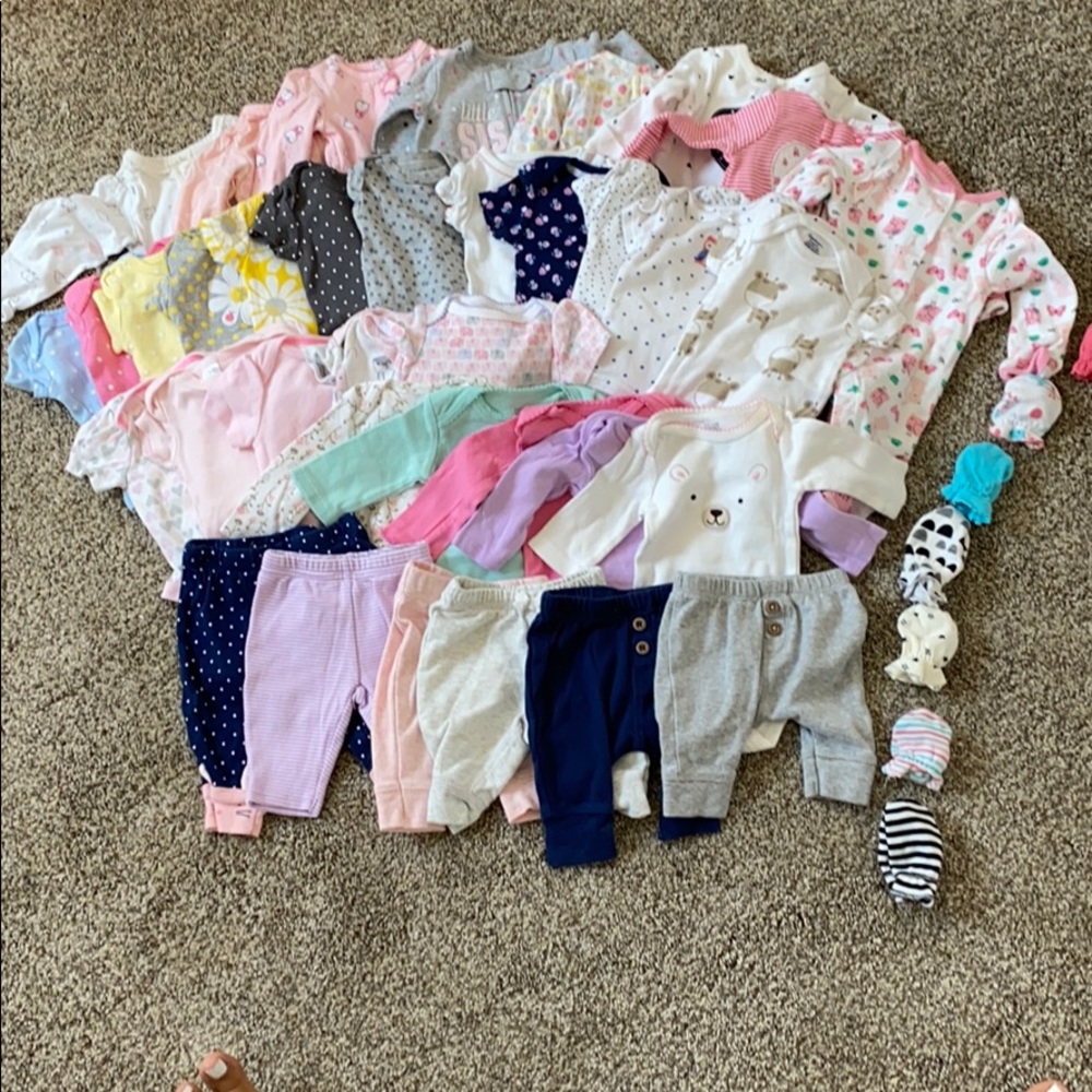Lot of 43 items newborn NB pjs onesie pant mitten